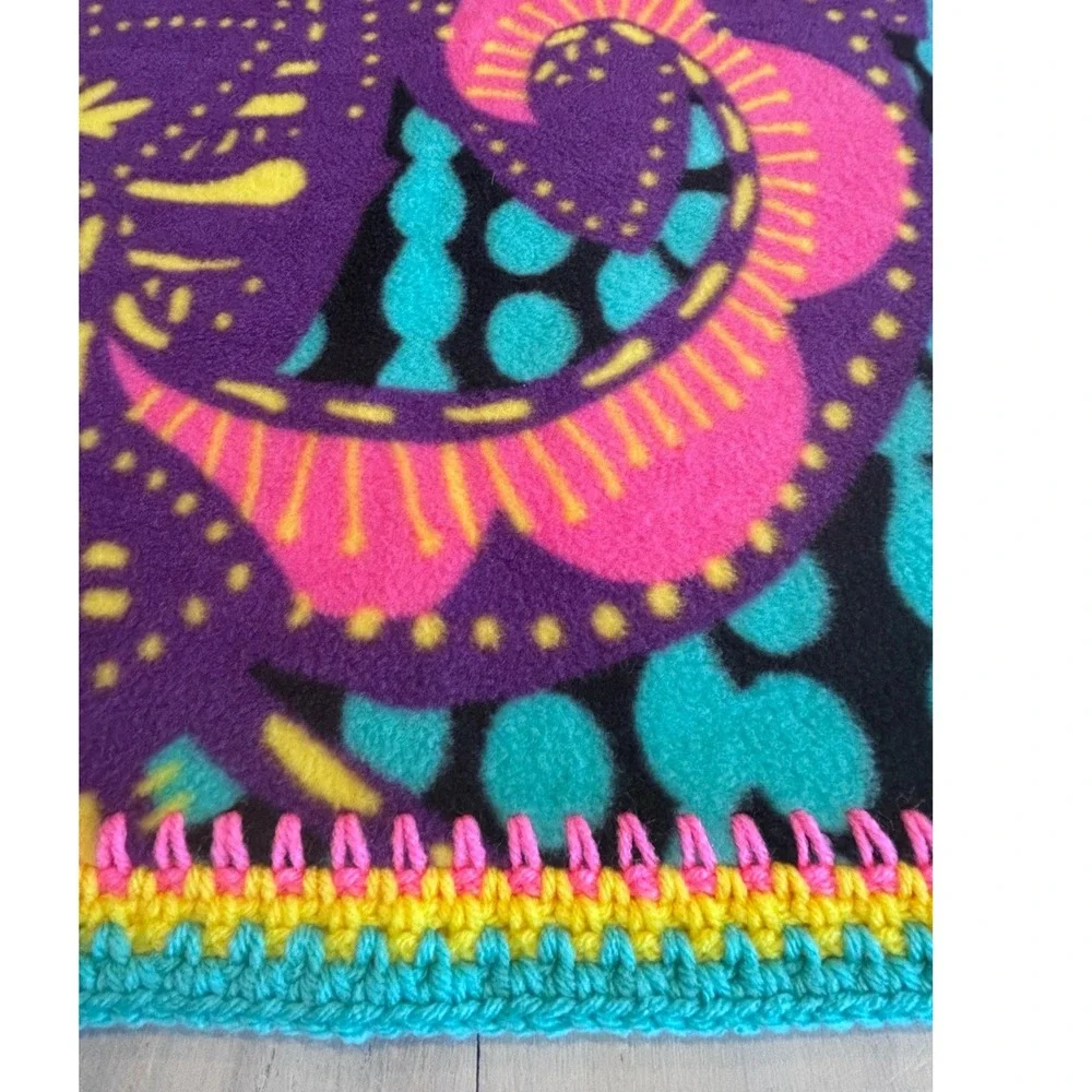 Handmade Fleece‎ Baby Blanket Purple Pink Teal Abstract Print Crochet Trim 29x25